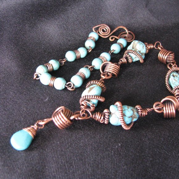 Handcrafted Genuine Turquoise and Copper Wire Bracelet Set - Picture 1 of 6